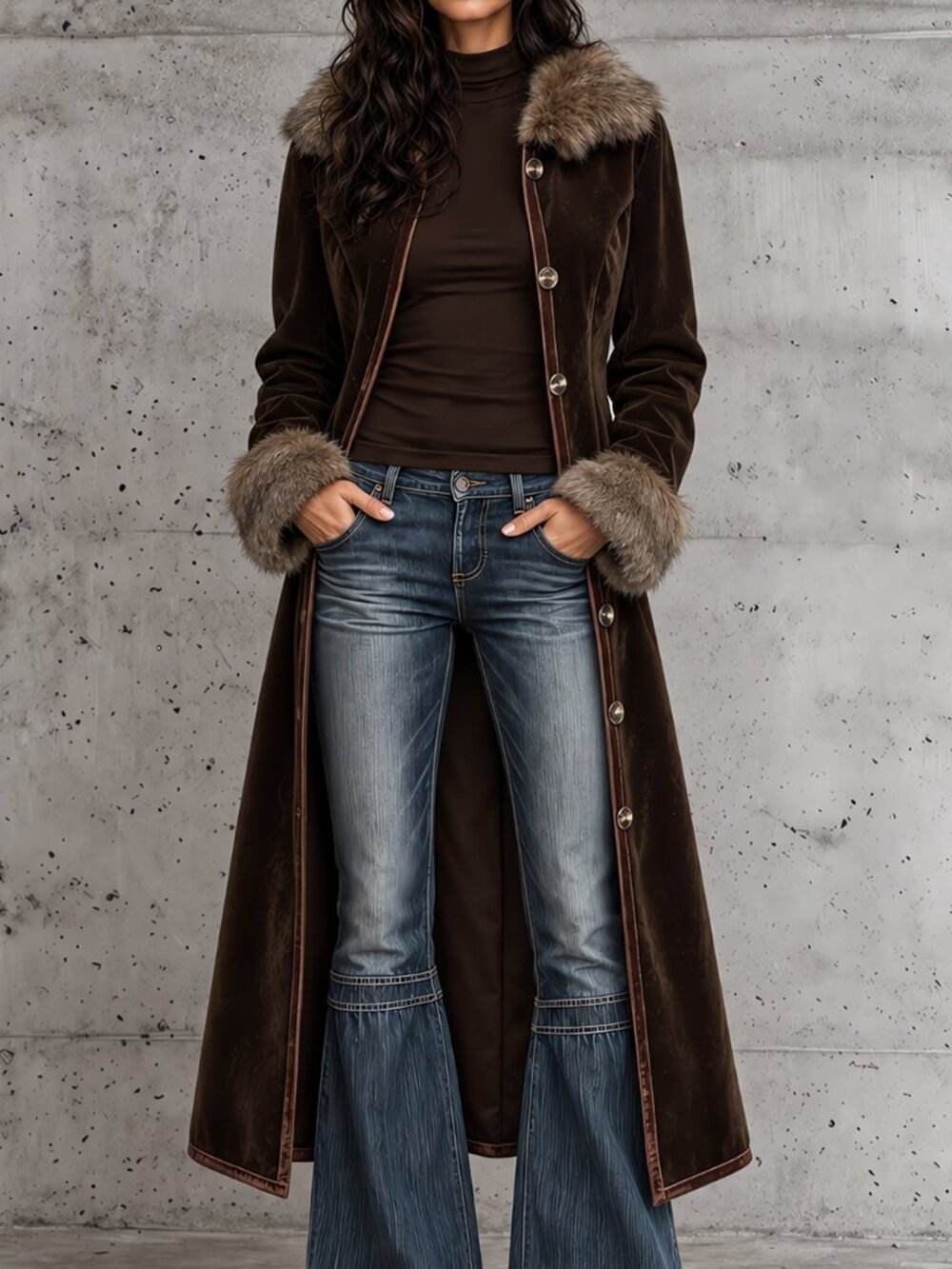Coffee Brown Women's Elegant Faux Suede Long Regular Fit Coat